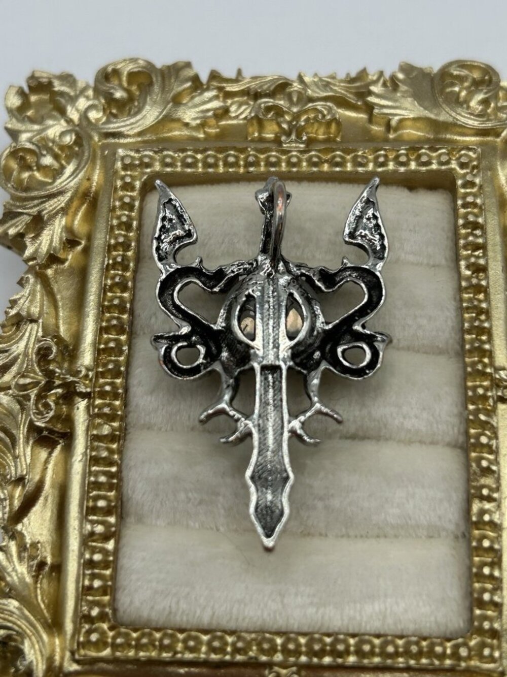 Gothic Dragon Sword Pendant Clear Cabochon Fantasy Medieval Silvertone - Picture 7 of 12